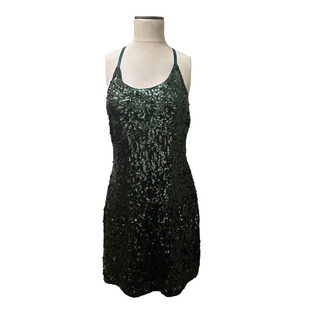 Maner Green Sequin Mini Dress Straps Sleeveless Lined Scoop Cocktail Party Sz L
